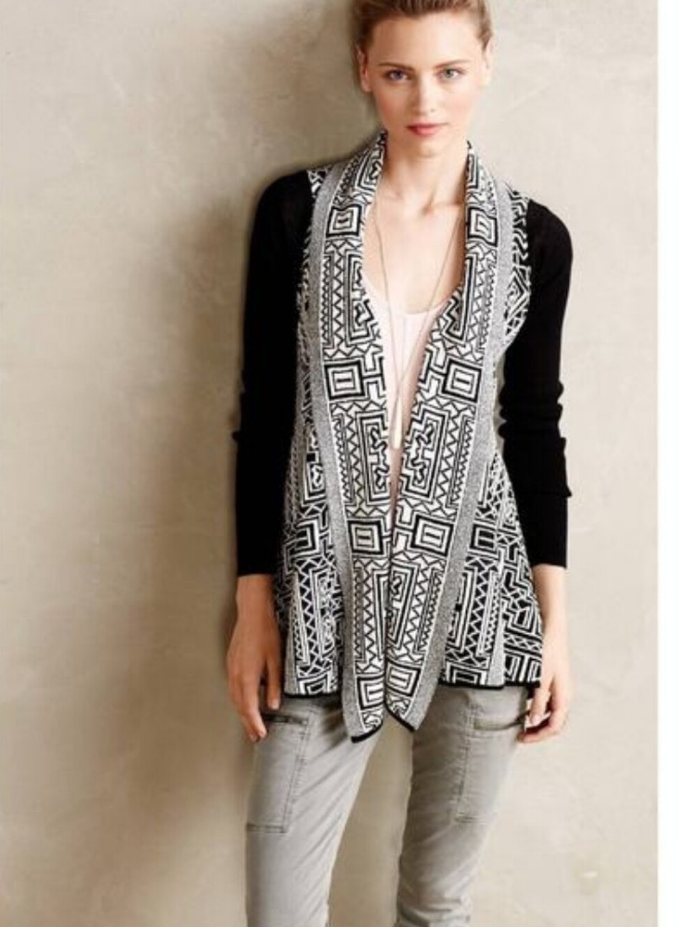 Anthropologie Field Flower Black White Geometric Open Knit Textured  Cardigan S